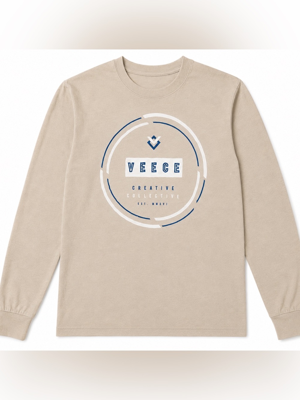 Veece Mens S Long Sleeve Graphic Tee Beige Creative Collective Logo T-Shirt